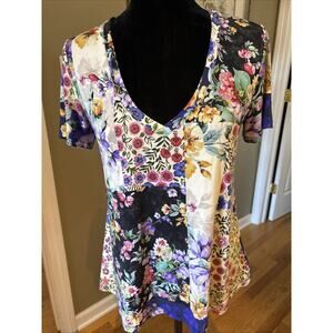 JOHNNY WAS LA Floral Patchwork Print Viscose Bamboo/Spandex Stretch Tee S loose